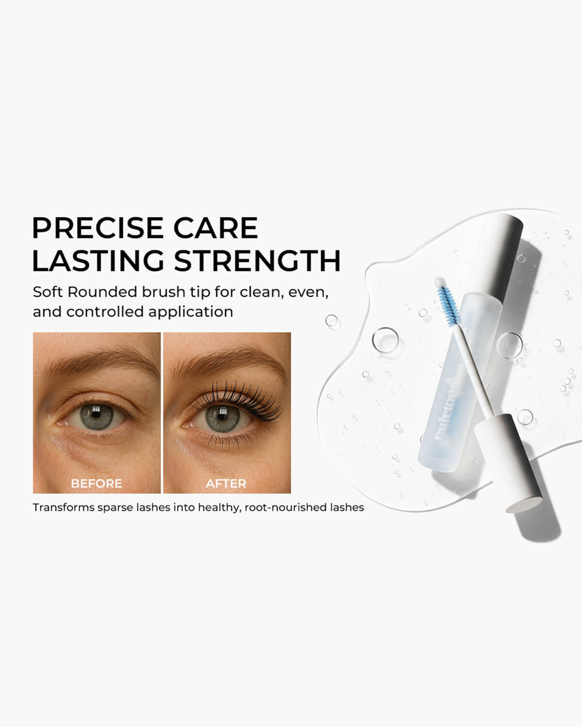 Before and after close-up showing eyelash transformation with Quietone Hyper Fuel Lash Serum and soft round brush.