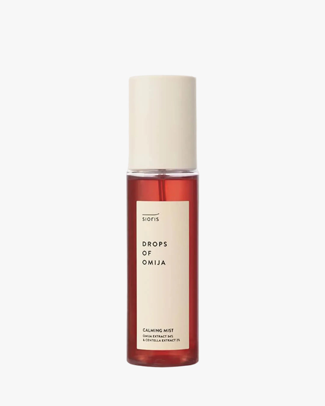 Sioris Drops of Omija Calming Mist bottle with red omija berry extract on white background