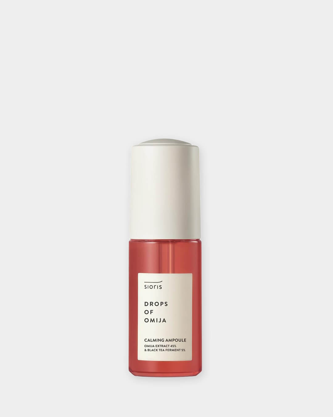Sioris Drops of Omija Calming Ampoule bottle with organic omija berry extract on white background