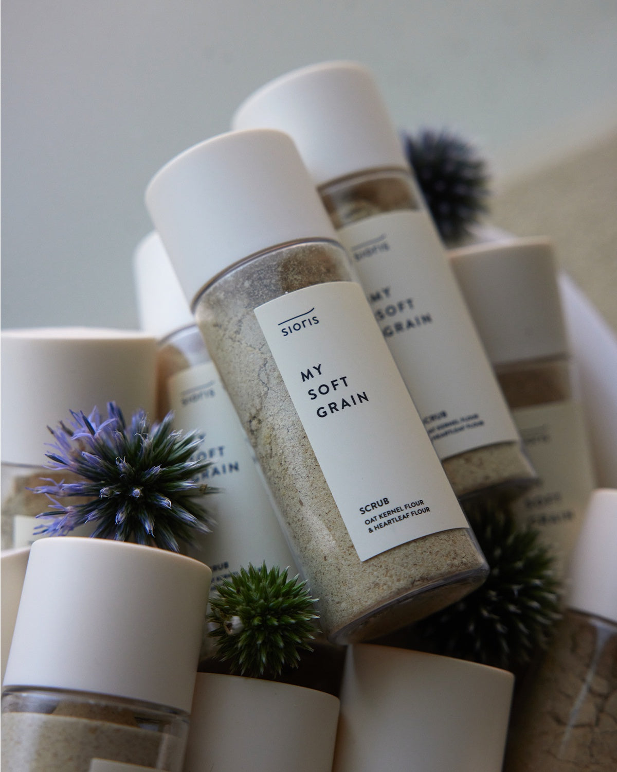 Bottles of Sioris My Soft Grain Scrub Korean skincare with natural ingredients