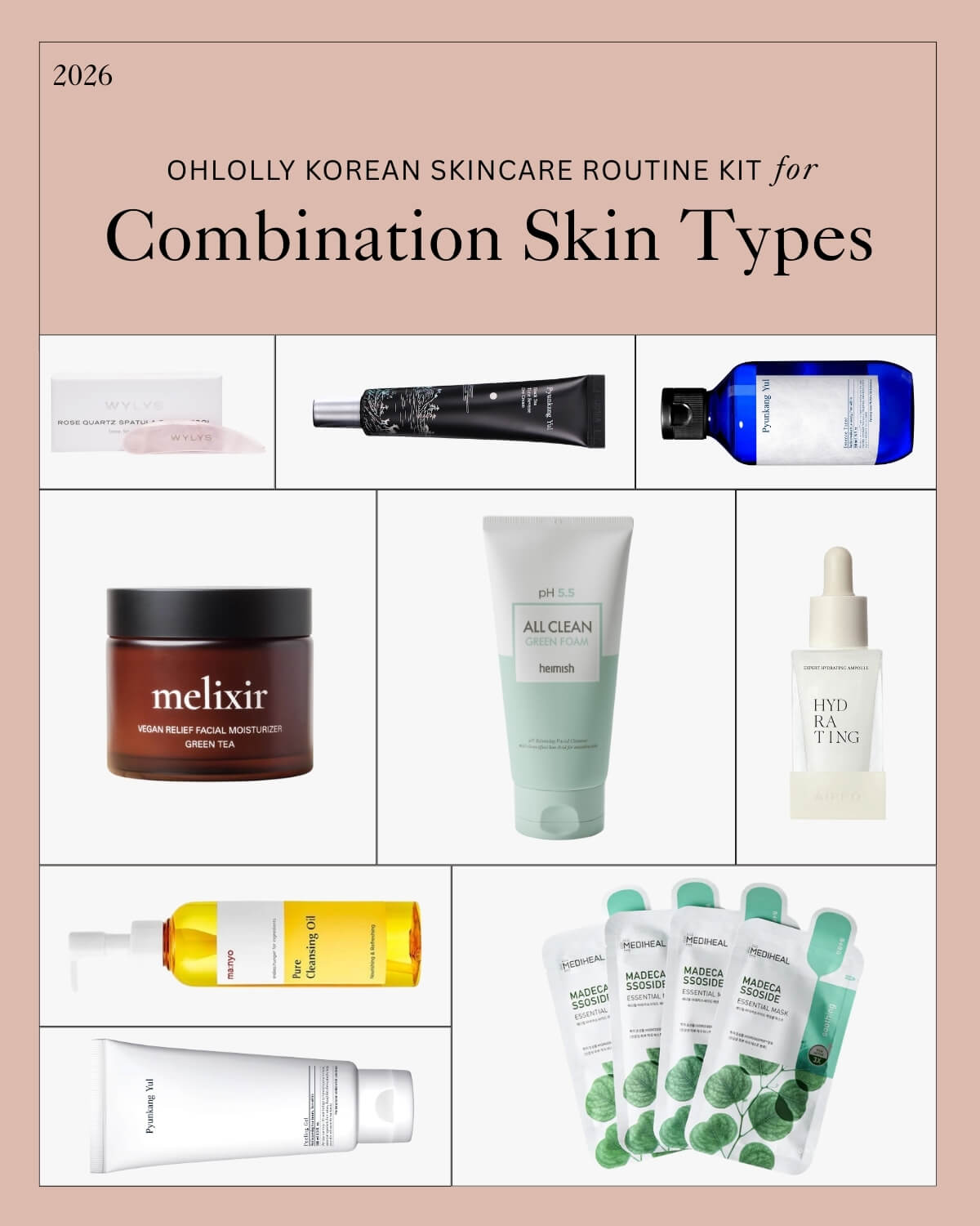 A collage of nine Melixir, Heimish, Pyunkang Yul, Maseyo, and Hydrating Ampoule Korean skincare products, a rose quartz facial tool, and face masks, labeled "OHLOLLY KOREAN SKINCARE ROUTINE KIT for Combination Skin Types."