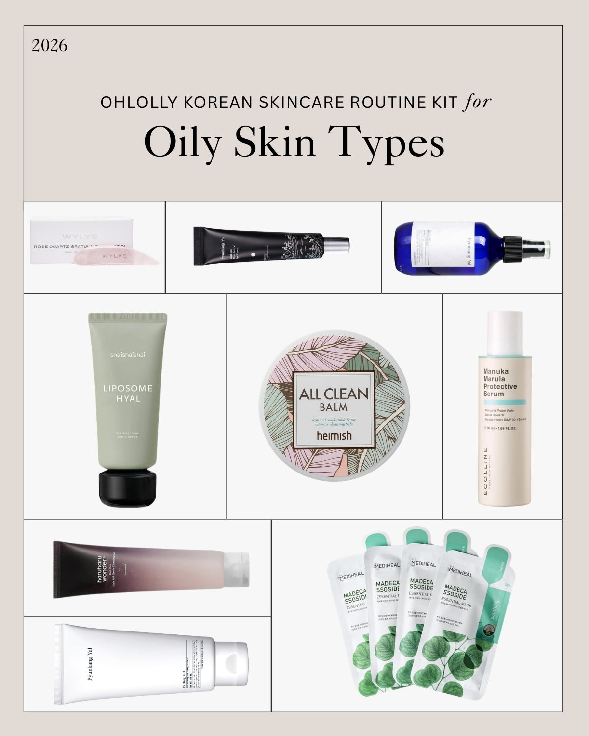 A collage of Heimish, Pyunkang Yul, ECOILLINE, and two other Korean skincare products, a rose quartz facial tool, and face masks, labeled "OHLOLLY KOREAN SKINCARE ROUTINE KIT for Oily Skin Types."