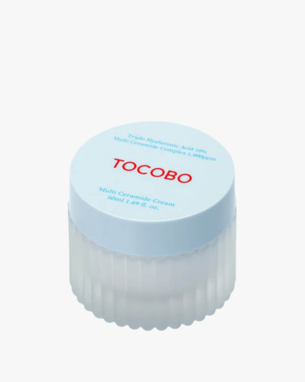 Product shot of Tocobo Multi Ceramide Cream 50ml jar featuring Triple Hyaluronic Acid and Multi Ceramide Complex.