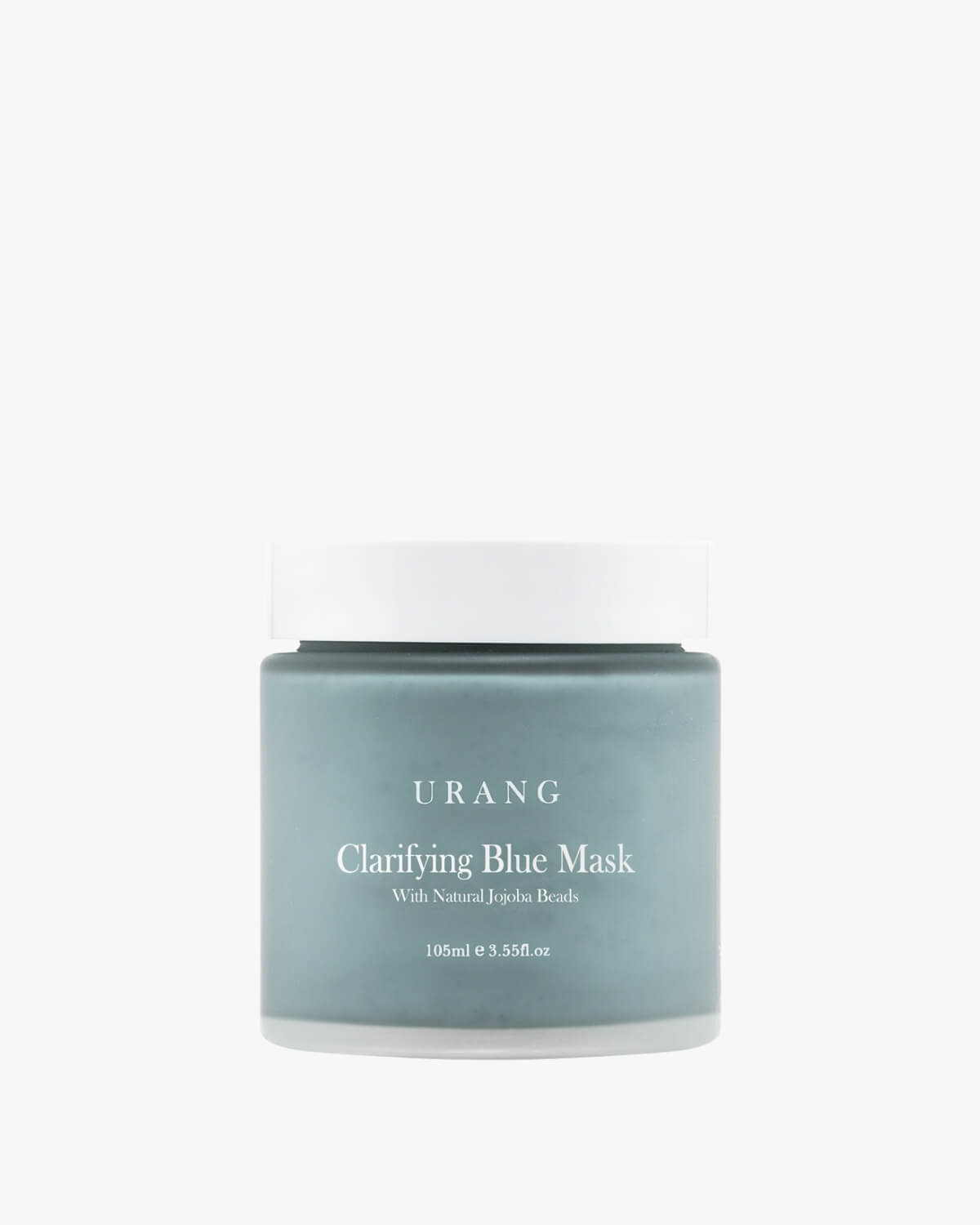 URANG Clarifying Blue Mask with Natural Jojoba Beads in a large frosted slate-blue glass jar for gentle exfoliation and skin purification on a white background.