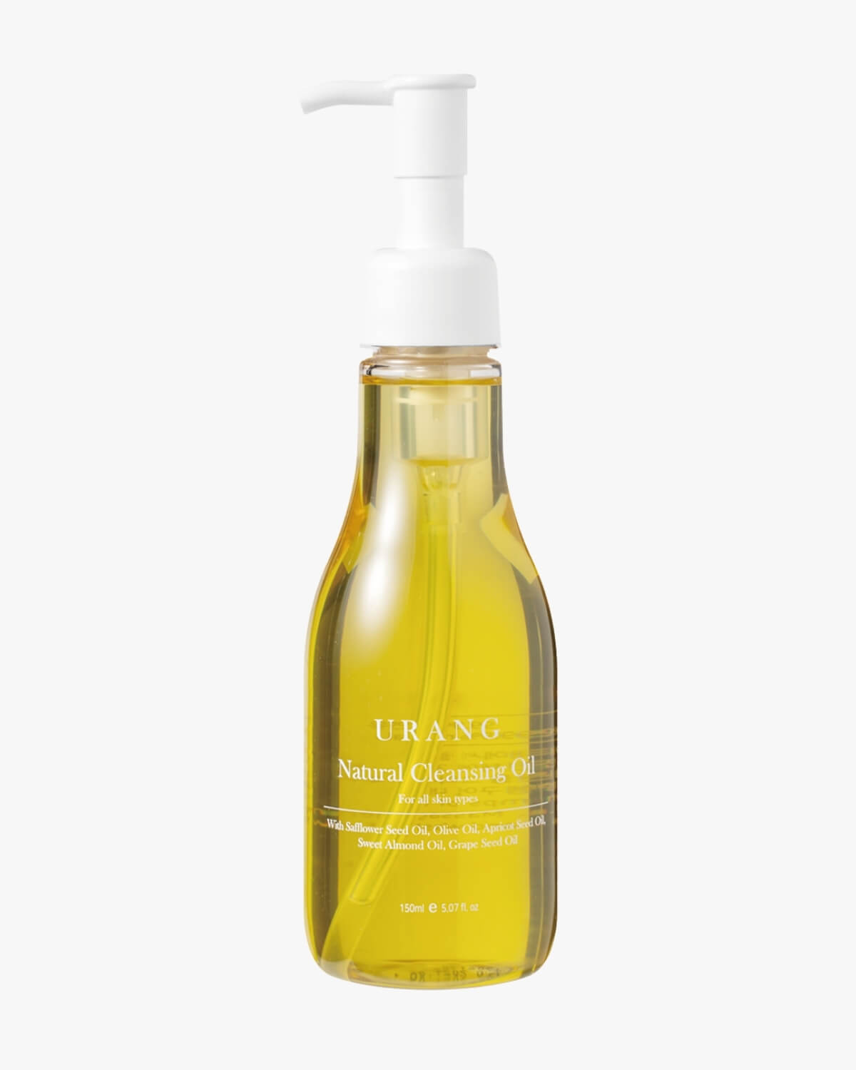 URANG Natural Cleansing Oil for all skin types with Safflower, Olive, and Apricot Seed oils in a clear pump bottle on a white background.