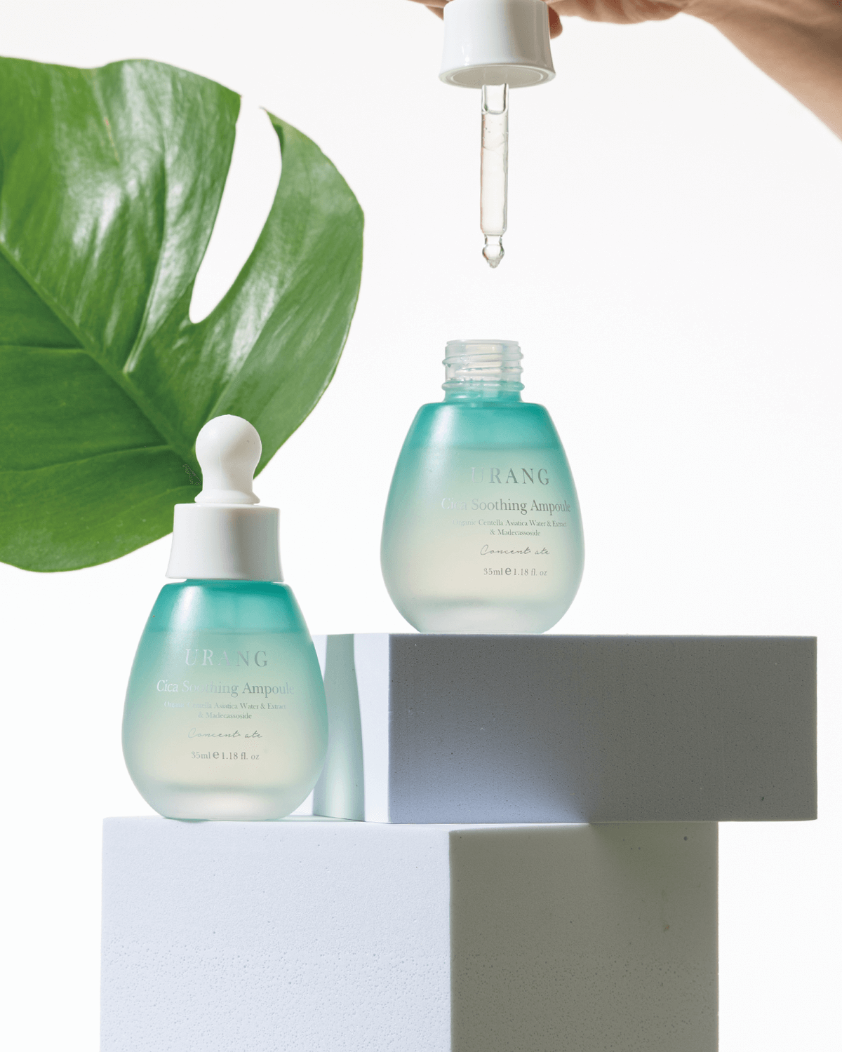 A hand holds a dropper above an open bottle of Urang Cica Soothing Ampoule, with a second closed bottle and a large green leaf positioned on white blocks in the foreground.