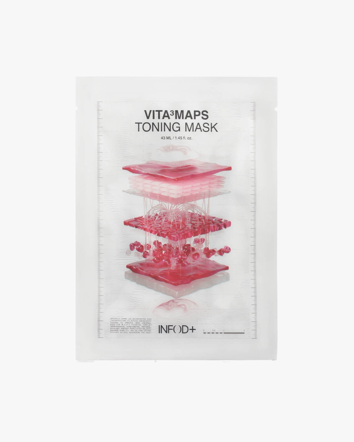 Single white packet of INFOD+ VITA³MAPS Toning Mask with red and white layered graphic design.