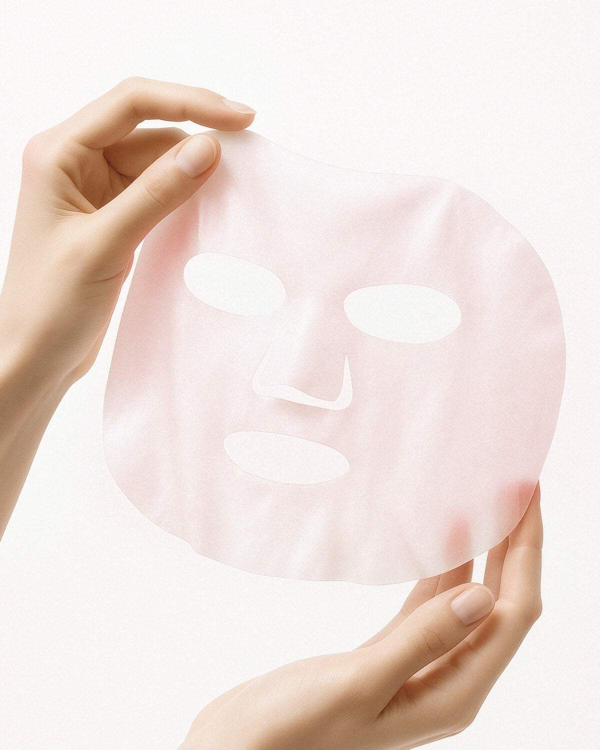A pair of hands holding up the semi-transparent, pink sheet mask against a white background.