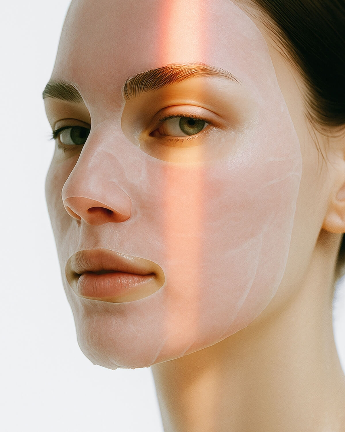 Close-up of a model wearing the semi-transparent mask, with a vertical beam of rainbow light crossing her face.