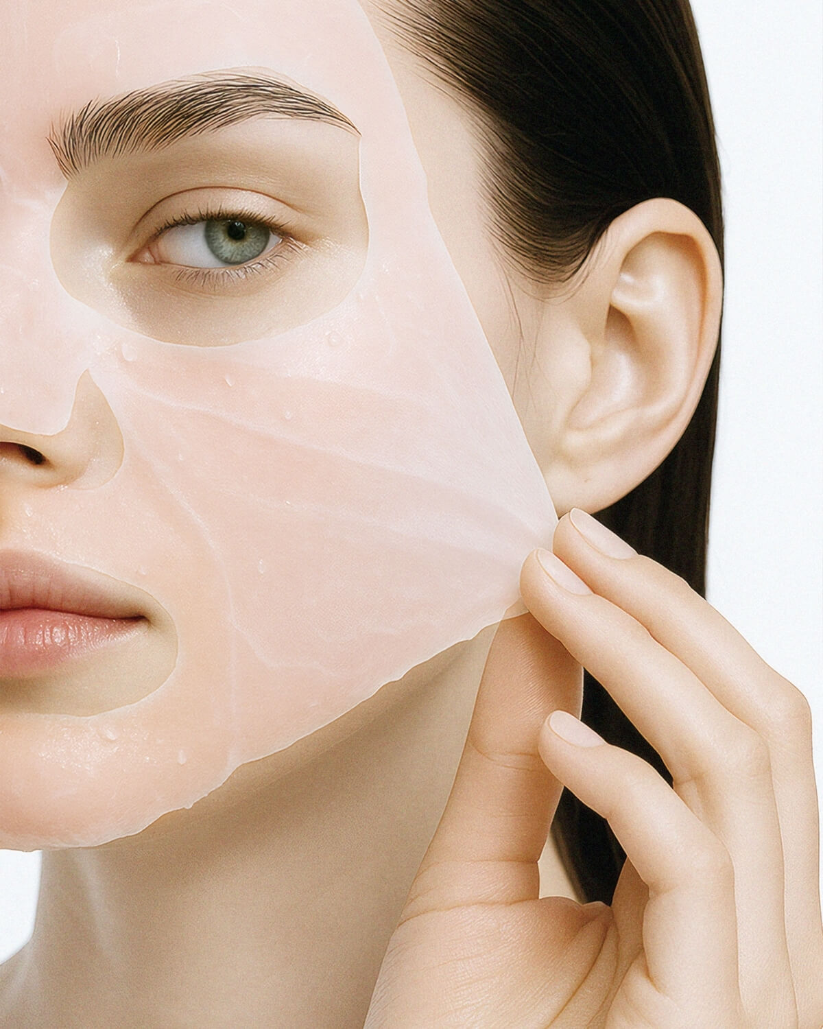 Close-up of a model pulling the thin, semi-transparent mask from her face, focusing on her eye and cheek.