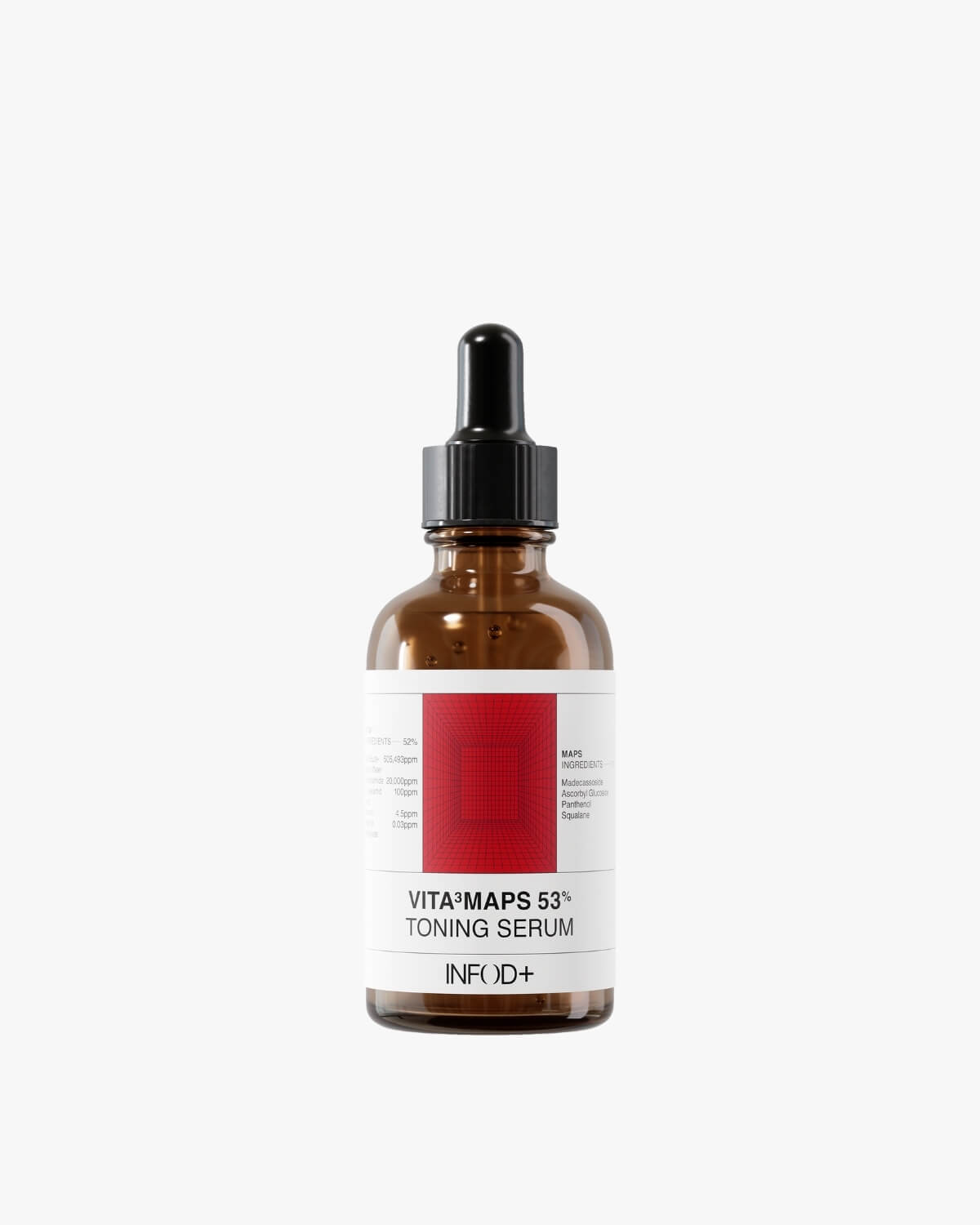 A brown glass dropper bottle of VITA³MAPS 53% Toning Serum with a black cap stands centered on a pure white background.