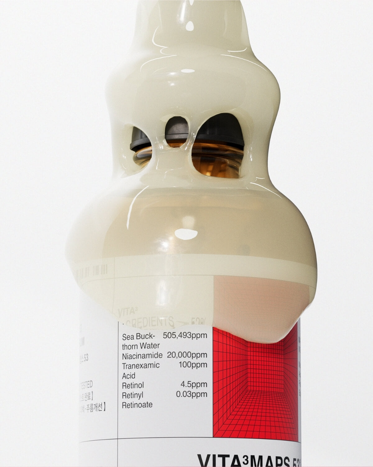 An extreme close-up of the neck and upper body of the VITA³MAPS Toning Serum bottle, which is covered in a thick, white, bubbly, and stylized glaze or serum that drips over the label.