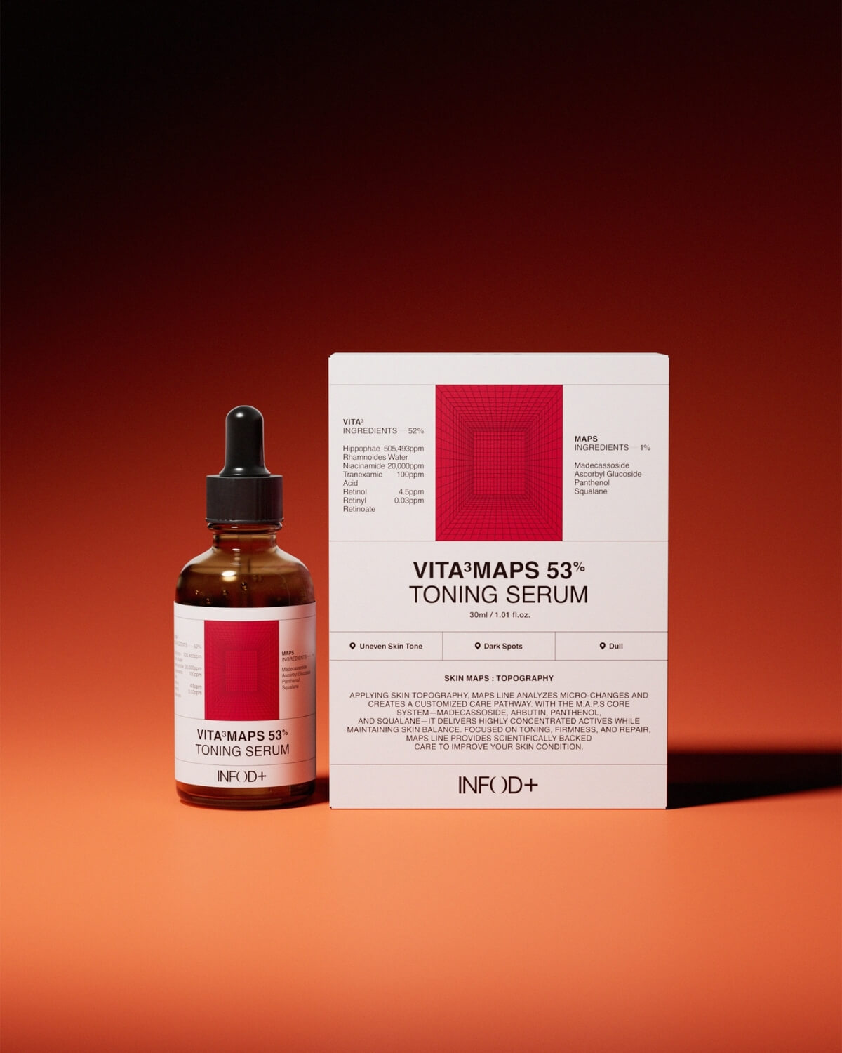 A brown glass dropper bottle of VITA³MAPS 53% Toning Serum is placed next to its open white and red rectangular box packaging. The background is a dark, moody orange-red.