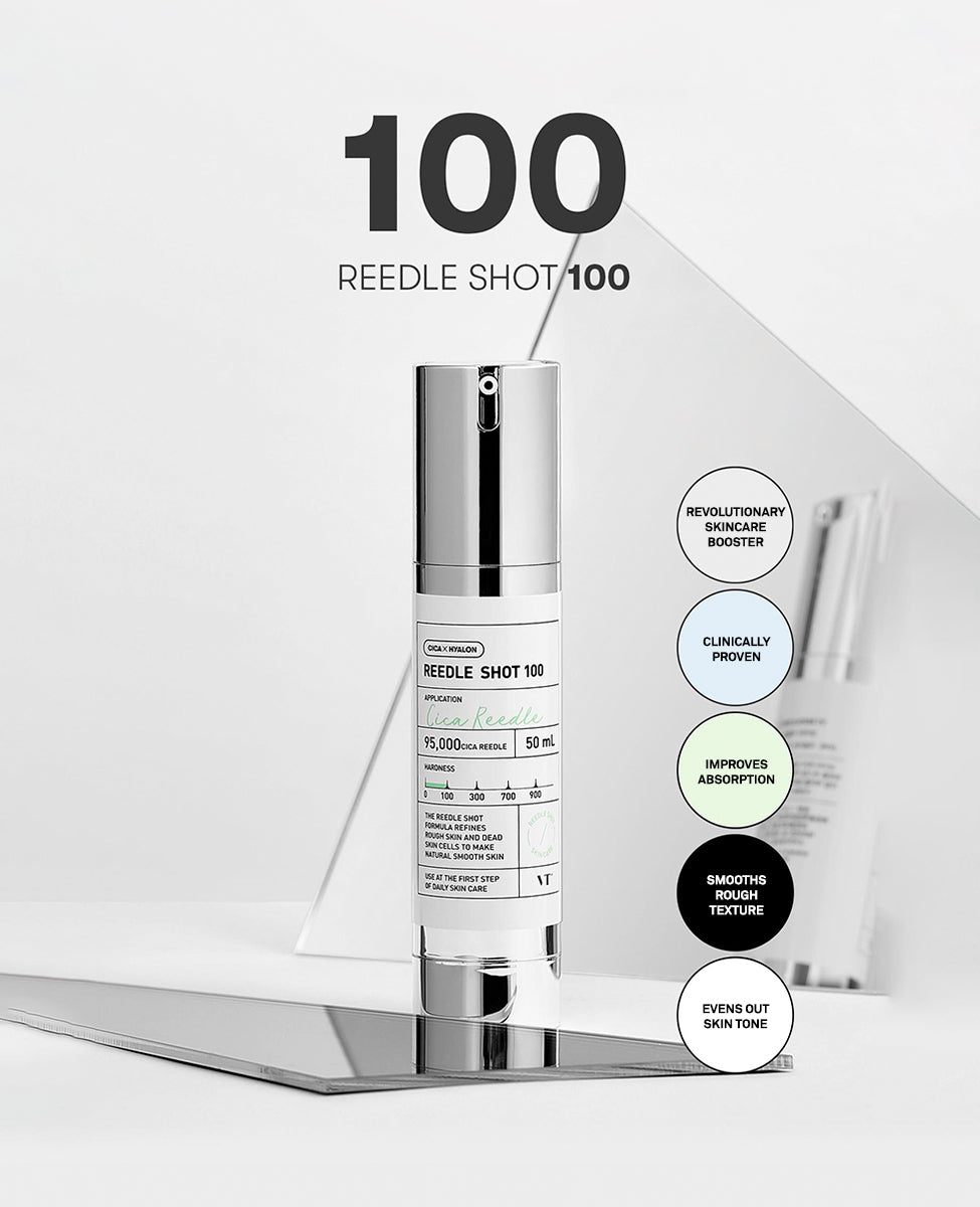 Ohlolly K-Beauty Skincare VT Cosmetics Reedle Shot 100. Benefits listed includes improving skin texture, evening out skin tone.