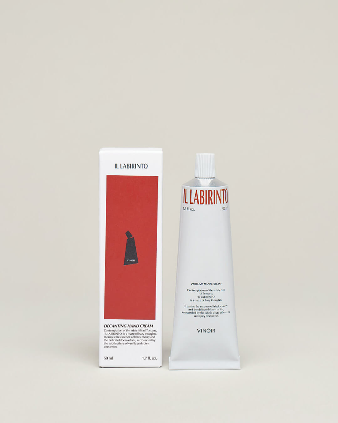 Ohlolly Korean Skincare Vinoir Decanting Hand Cream | Il Labirinto. Scented moisturizer for dry hands. Box and product tabletop.