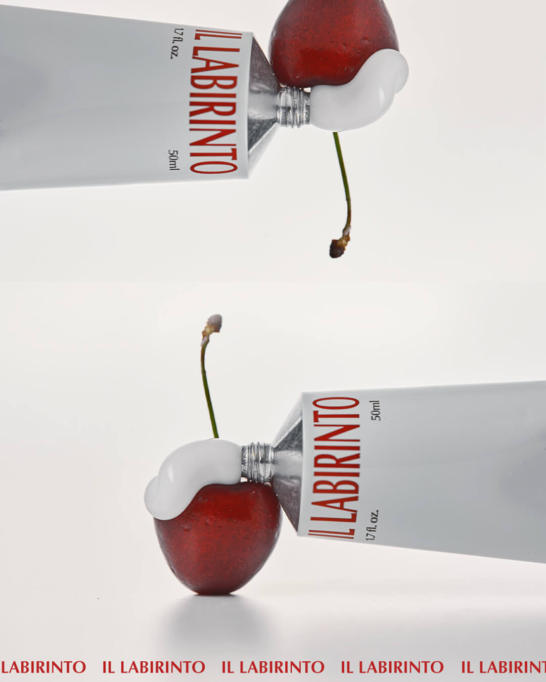 Ohlolly Korean Skincare Vinoir Decanting Hand Cream | Il Labirinto. Scented moisturizer for dry hands. Key ingredient Cherries. Texture closeup. Stylized.