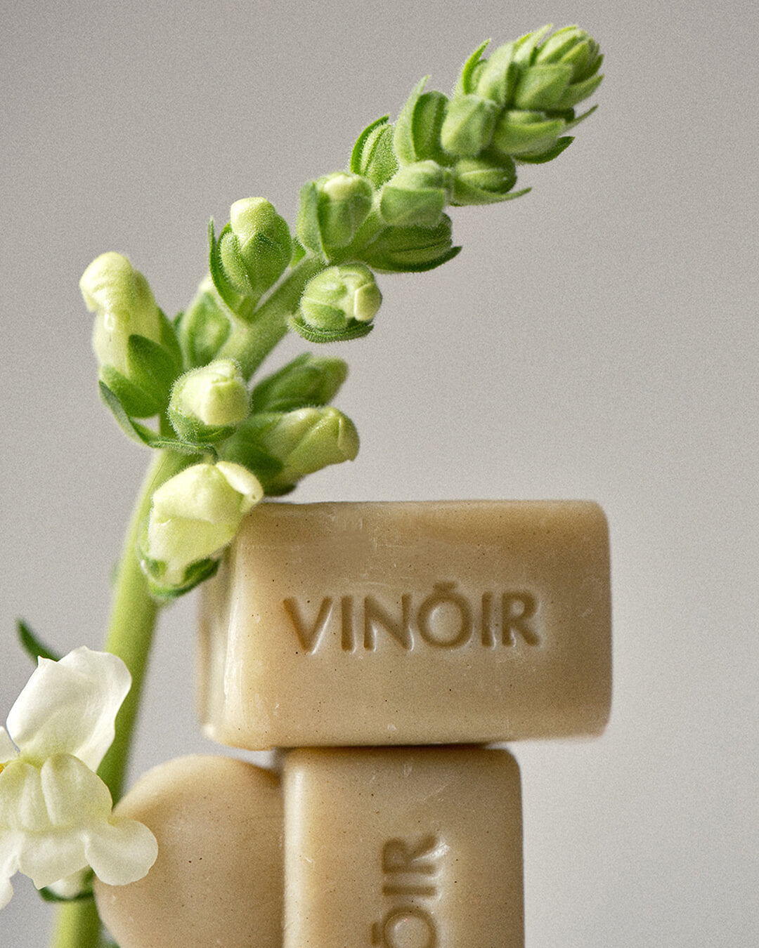 Ohlolly Korean Skincare Vinoir Decanting Shampoo Bar | Le Pique-Nique. Beige bar soap showing logo and flowers closeup.