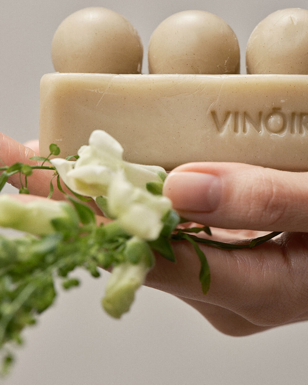 Vinoir Le Pique-Nique Shampoo Bar beige soap bar with key ingredient flowers in hand. closeup.