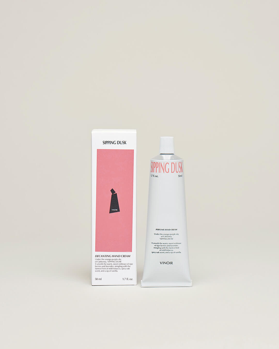 Ohlolly Korean Skincare Vinoir Decanting Hand Cream | Sipping Dusk. Scented moisturizer for dry hands. Box and product tabletop.