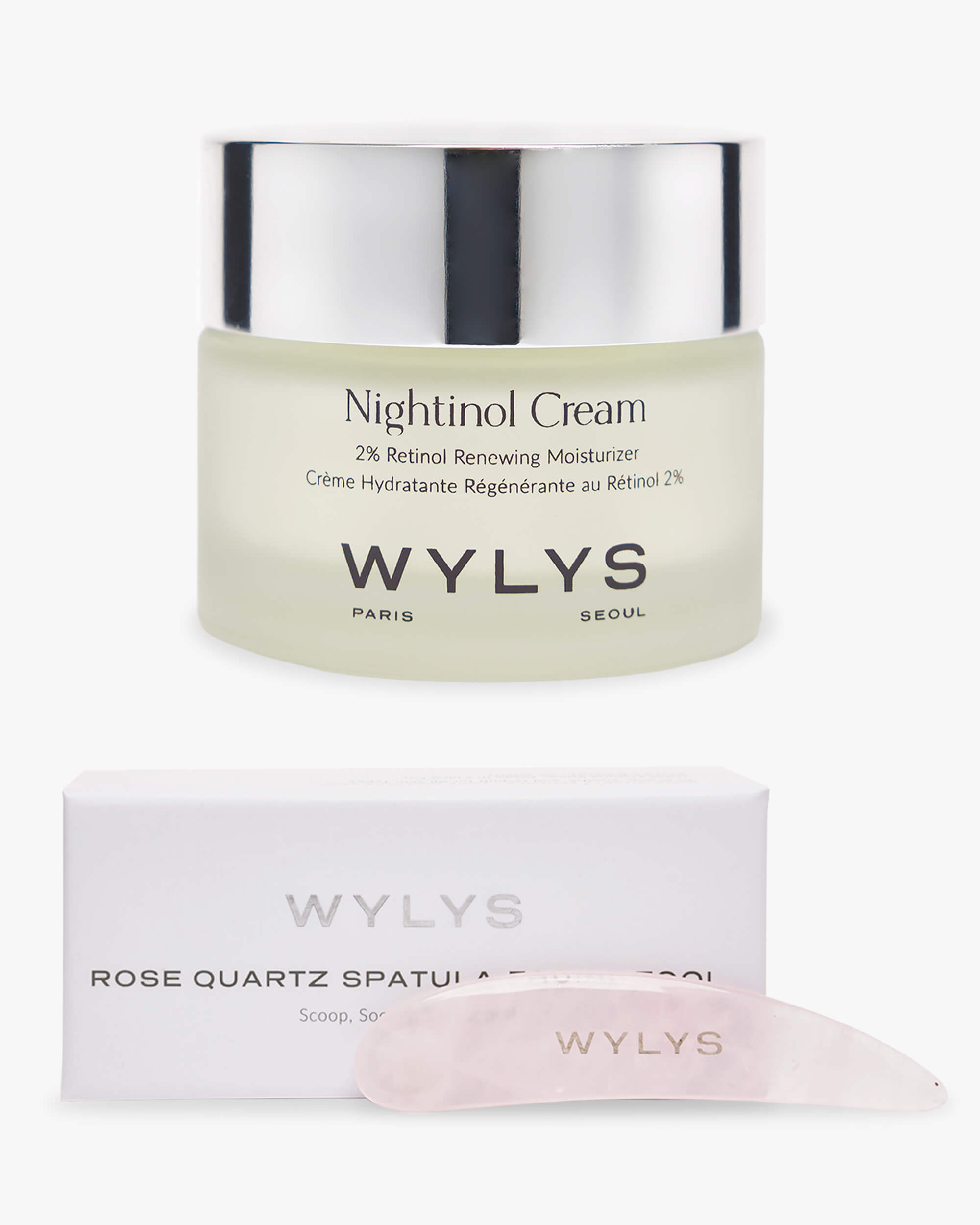 WYLYS The NIghtly Nourish Set Nightinol Cream with Rose Quartz Spatula Facial Tool Products over white background