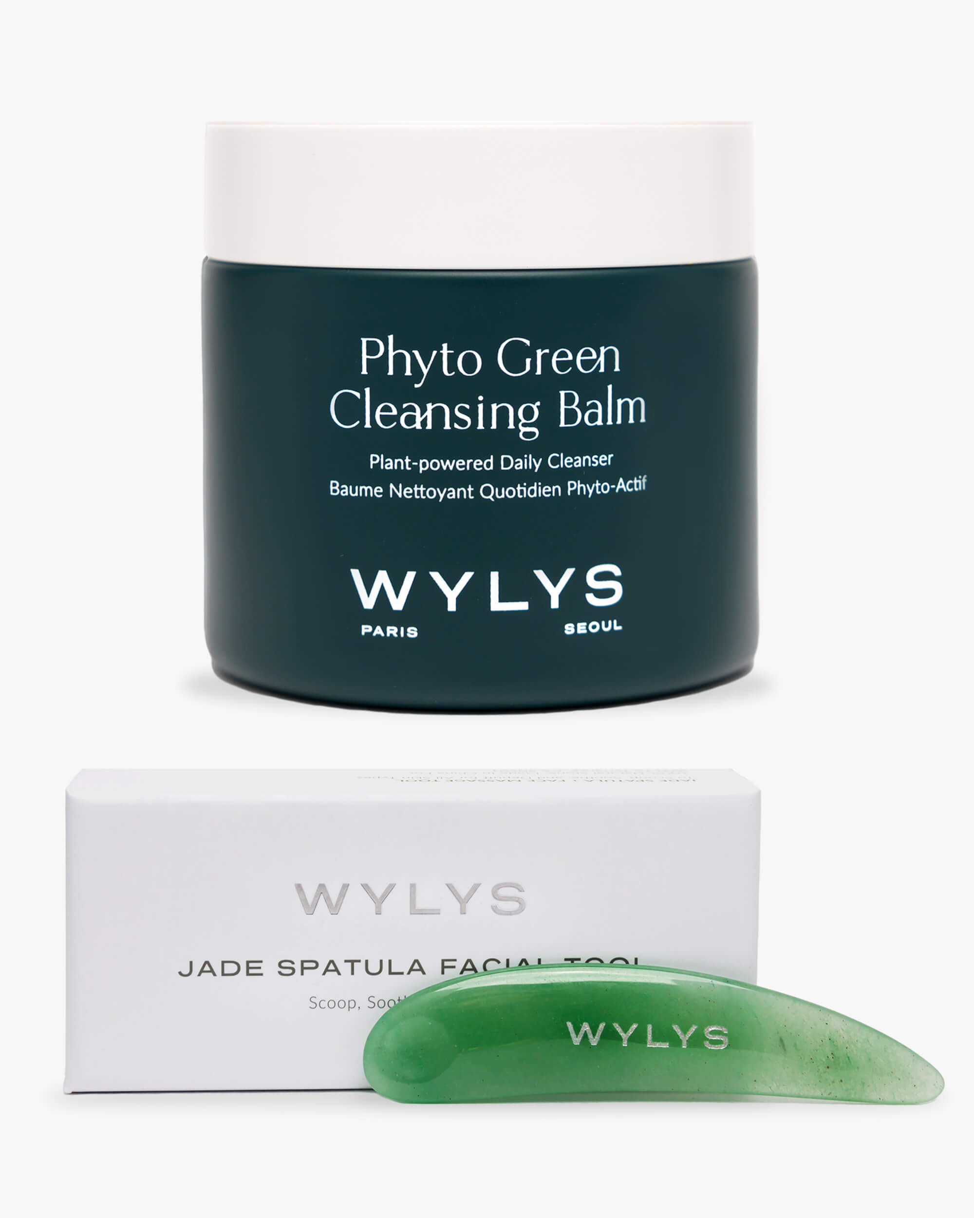 WYLYS Phyto Green Cleansing Balm and Jade Spatula Facial Tool Set Products over white background