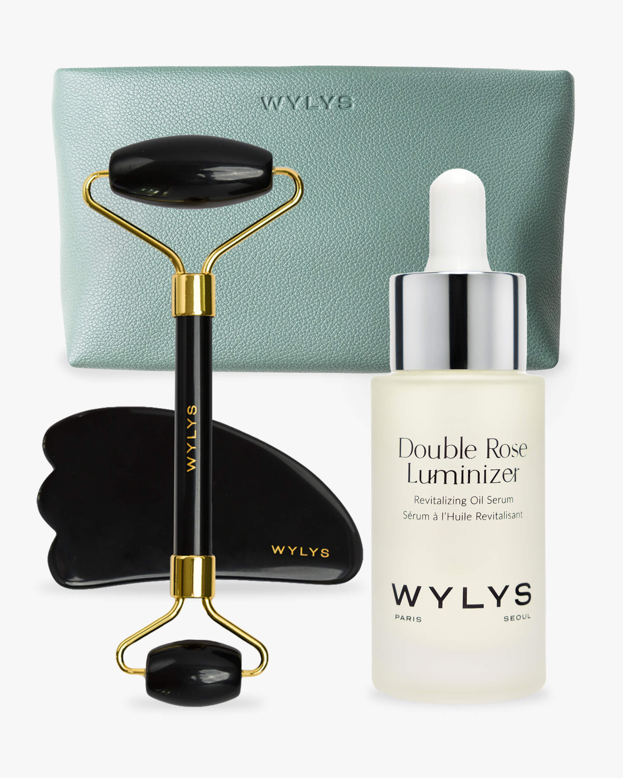 WYLYS Illuminate Set Double Rose Luminizer Gua Sha Face Roller and Vegan Leather Makeup Bag Products over white background