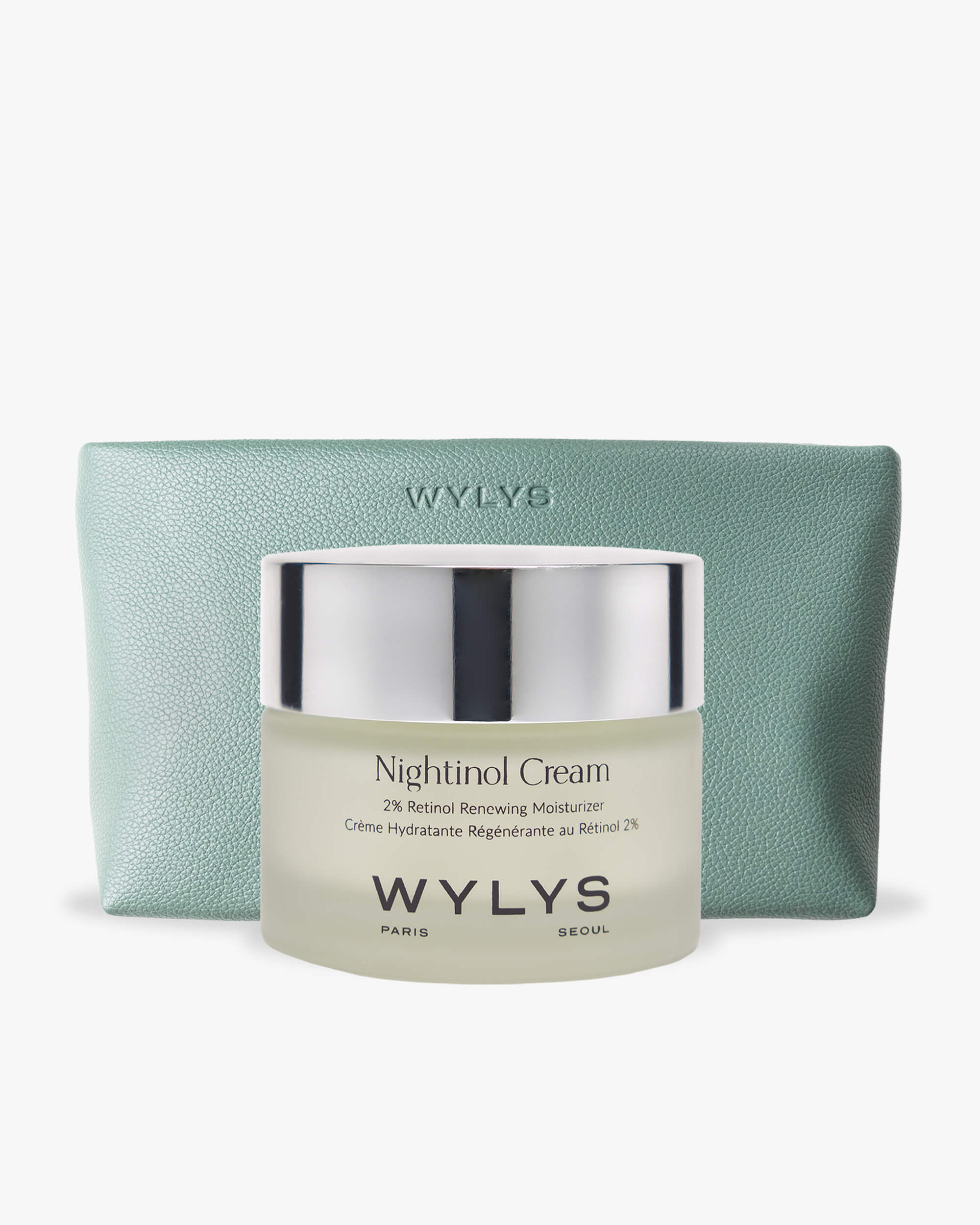 WYLYS Retinol Nightinol Cream & Sage Verte Makeup Bag Duo. Made in France. 2% Retinol Complex Overnight renewing moisturizer and sleek makeup bag. Products over white background.