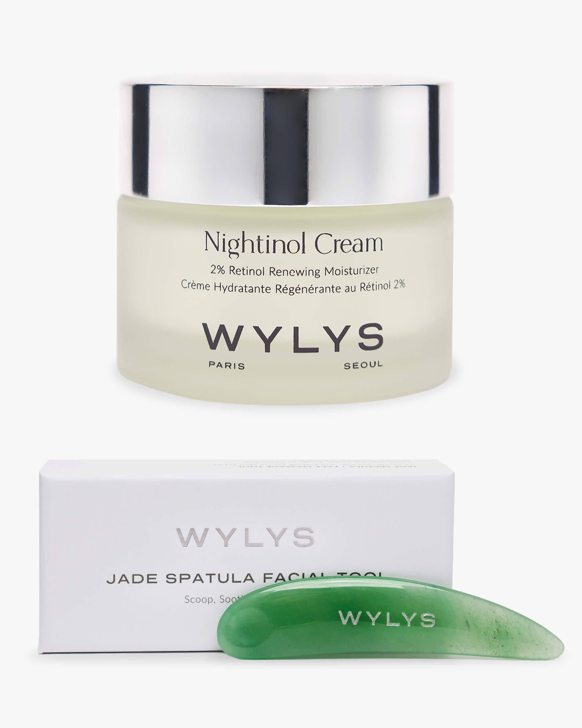 WYLYS The NIghtly Nourish Set Nightinol Cream with Jade Spatula Facial Tool Products on white background