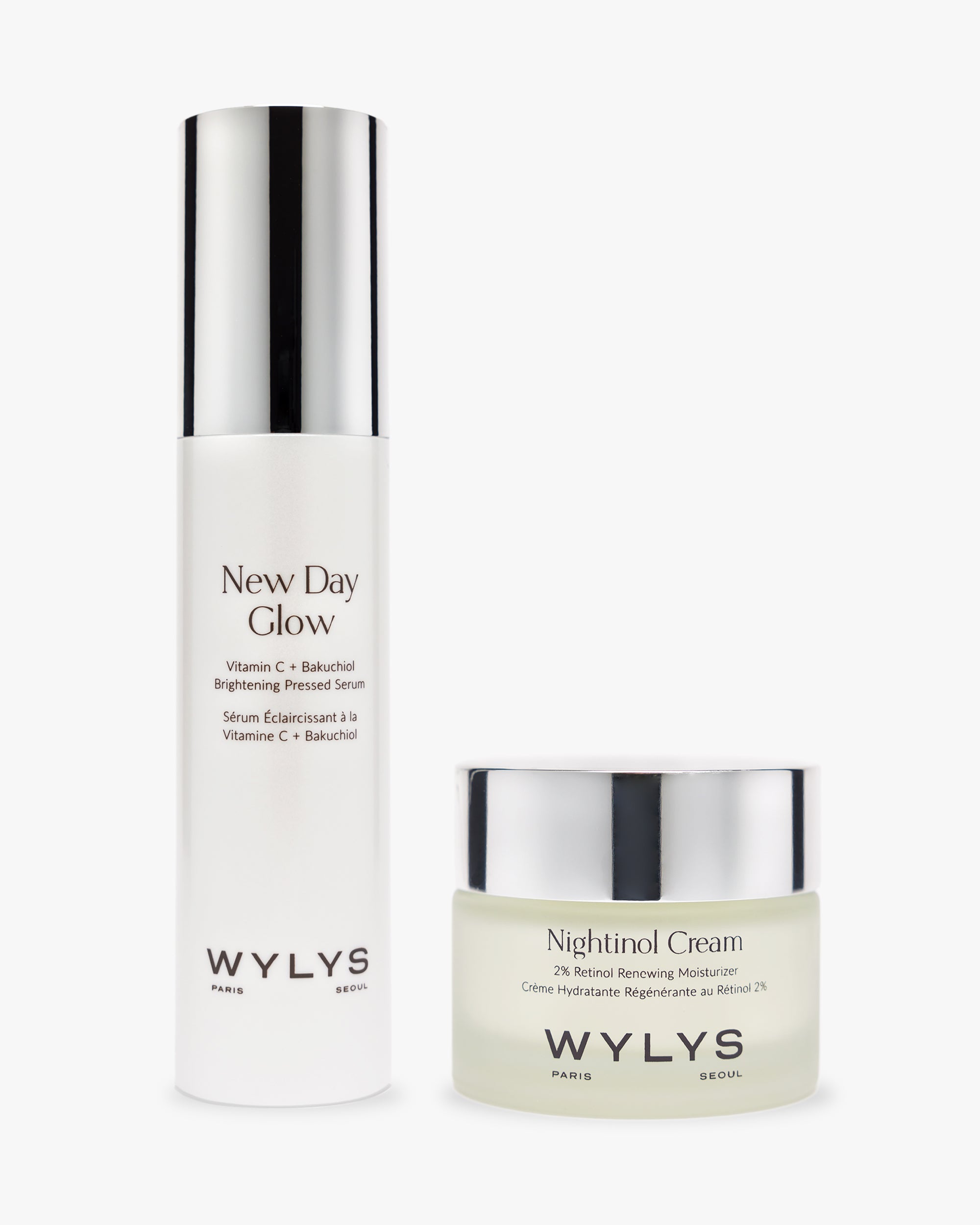 WYLYS The Restore + Renew Set Nightinol Cream + New Day Glow When You Love Your Skin Made in France and Korea Luxury Skincare Duo Products over white background