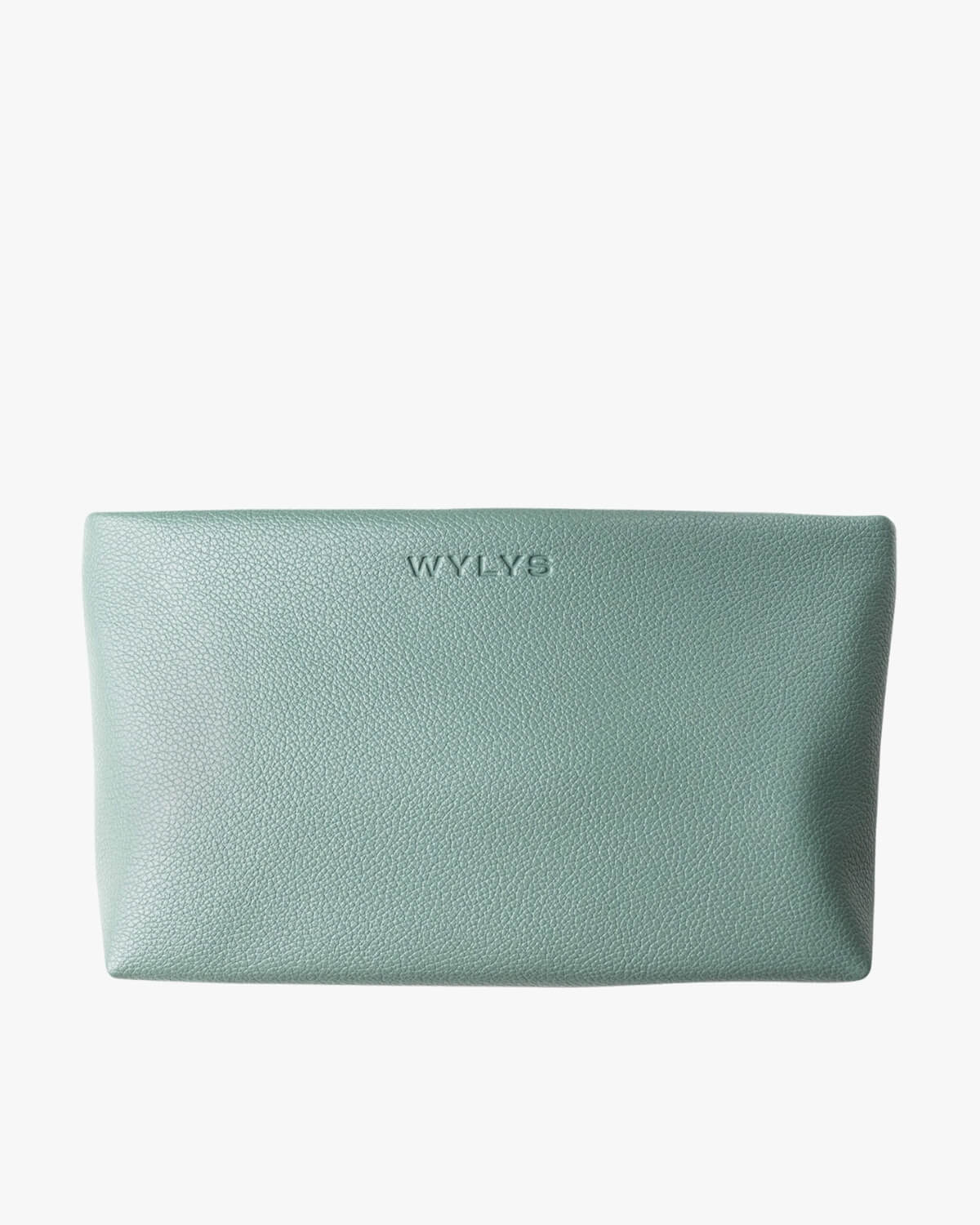 WYLYS branded sage green textured leather cosmetic pouch on a white background.