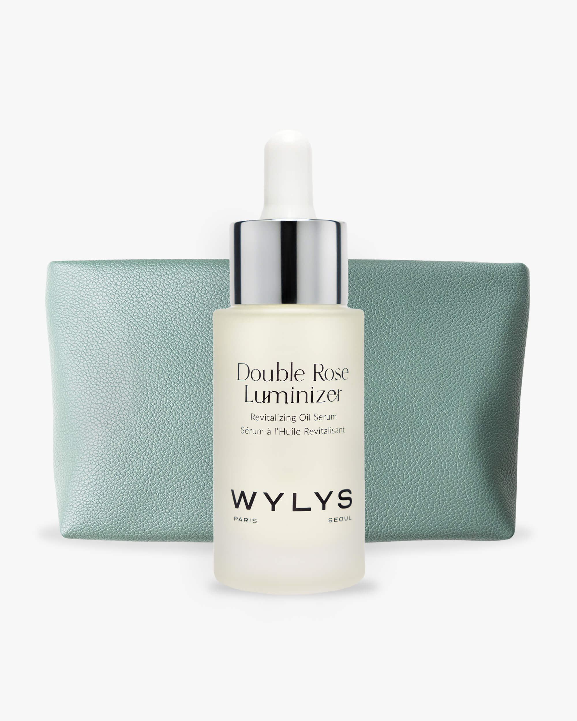 WYLYS Double Rose Luminizer & Sage Verte Makeup Bag Products over white background.