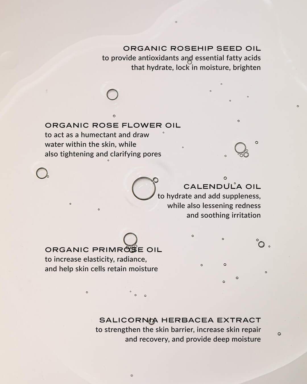 WYLYS Double Rose Luminizer Luxurious Firming Rose-infused Facial Oil Made in France Key ingredients explained over texture closeup.