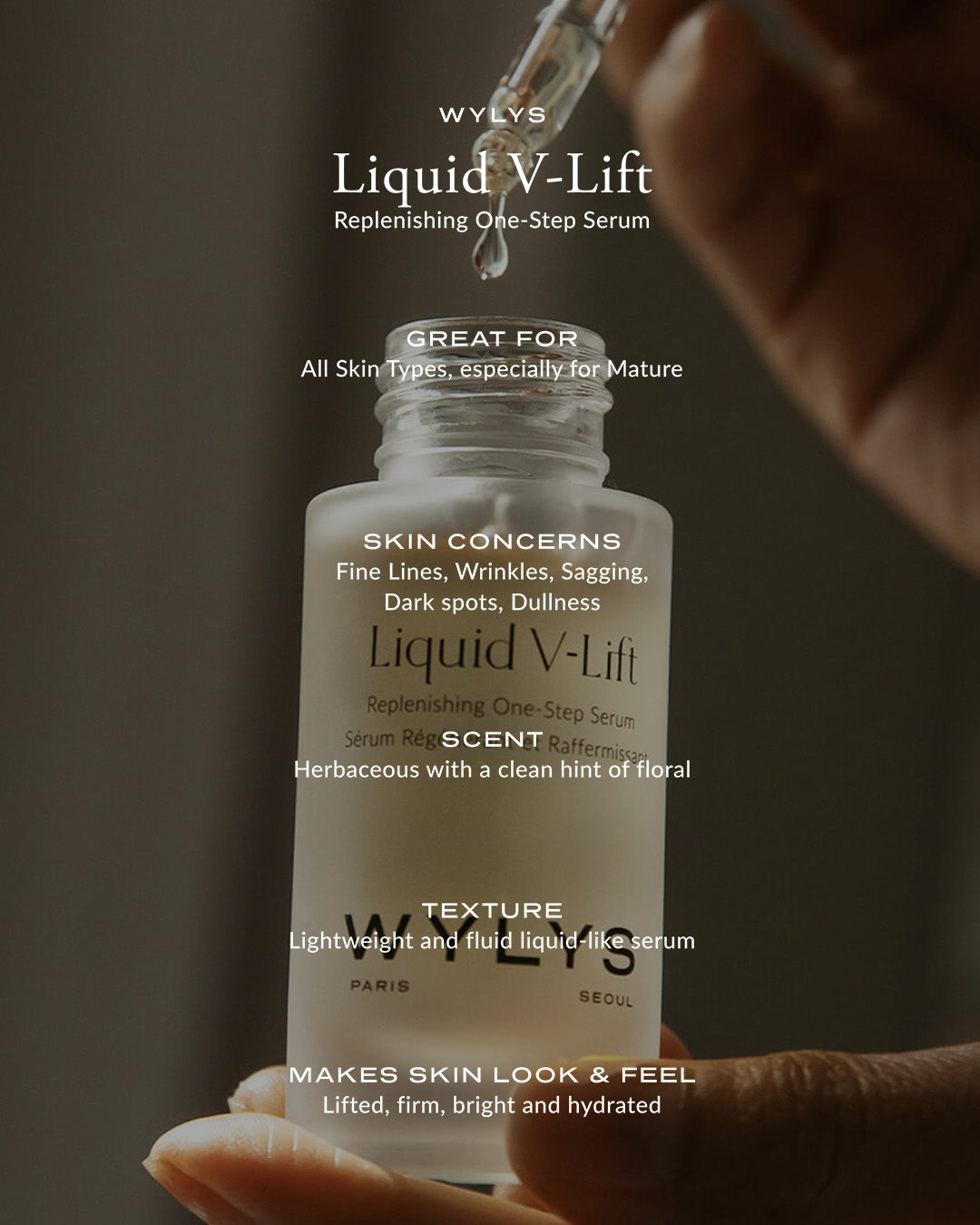 WYLYS Liquid V-Lift Peptide Antioxidant One Step Lightweight Serum Made in France Lifting Firming Anti-aging, Peptide-infused lifting serum with AFA-GS Alga Complex to firm, hydrate, and smooth fine lines for youthful skin. Benefits listed over bottle in hand showing texture