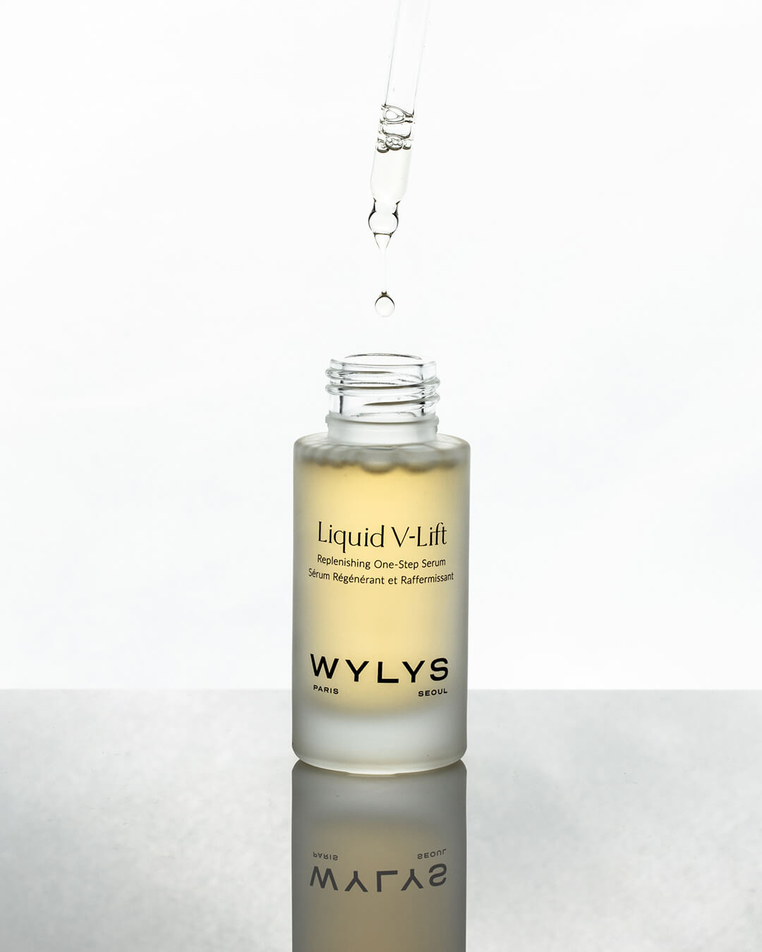 WYLYS Liquid V-Lift One-Step Serum Drop into Bottle When You Love Your Skin Replenishing One-Step Peptide Serum texture Made in France Luxury Vegan Cruelty-free Skincare to Hydrate, lift and plump