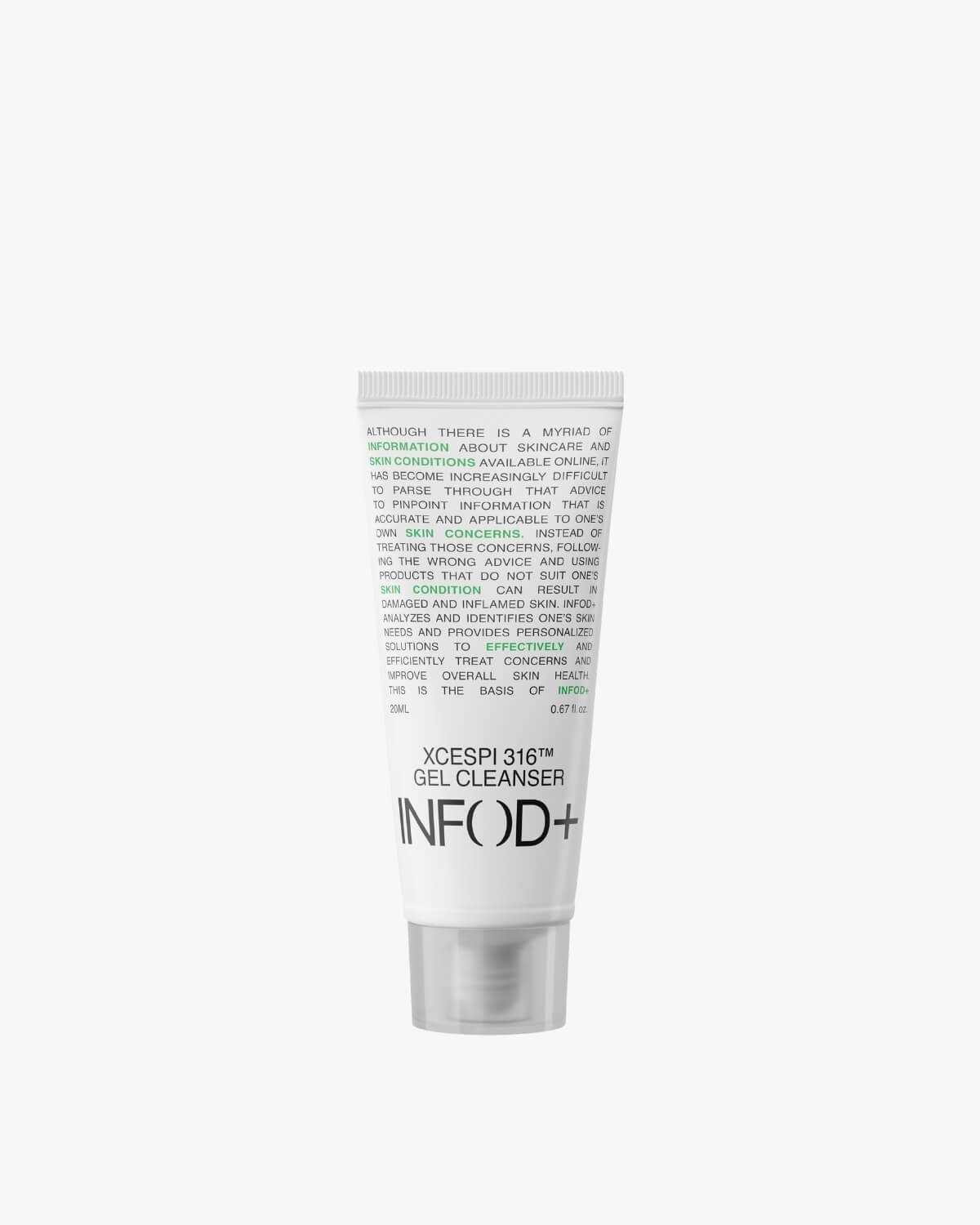 Front view of the small, white travel-size tube of INFOD+ XCESPI 316™ Gel Cleanser with a white cap, featuring black text.