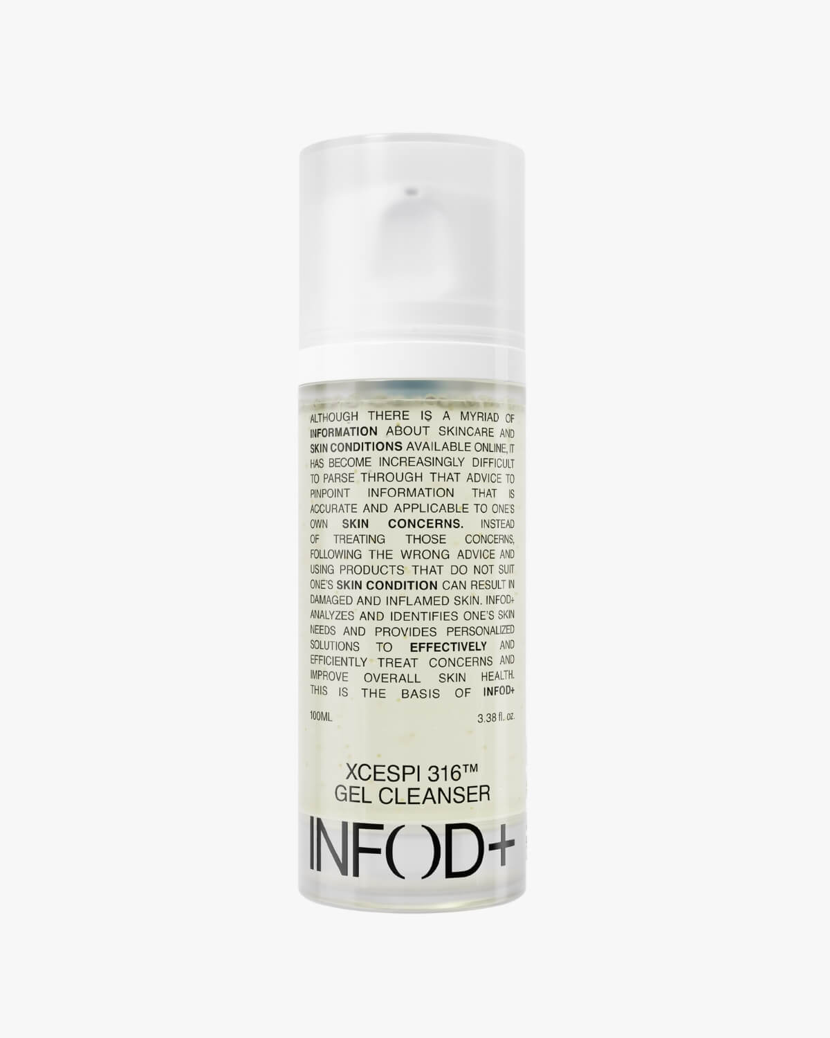 Front view of a clear pump bottle of INFOD+ XCESPI 316™ Gel Cleanser with text overlay, on a white background.