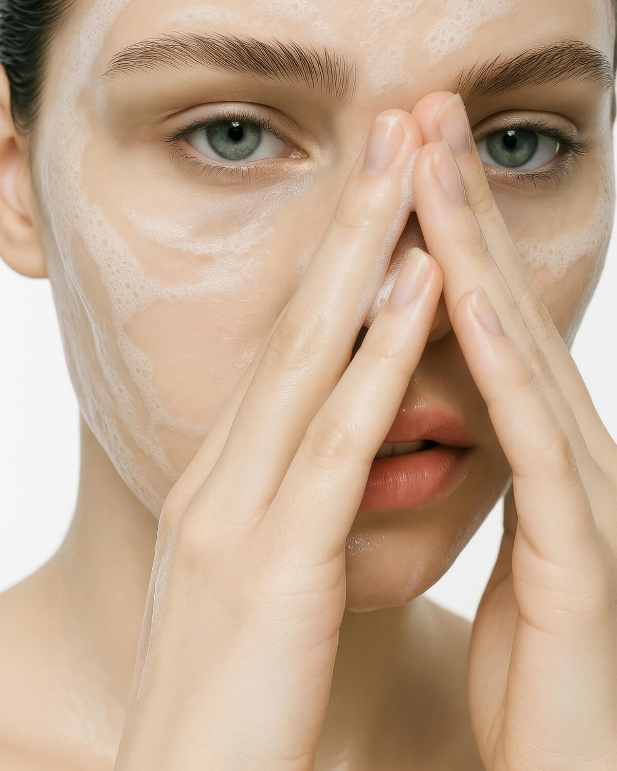 Close-up of a model washing her face, with white cleansing foam and bubbles covering her skin, holding her hands in front of her mouth.