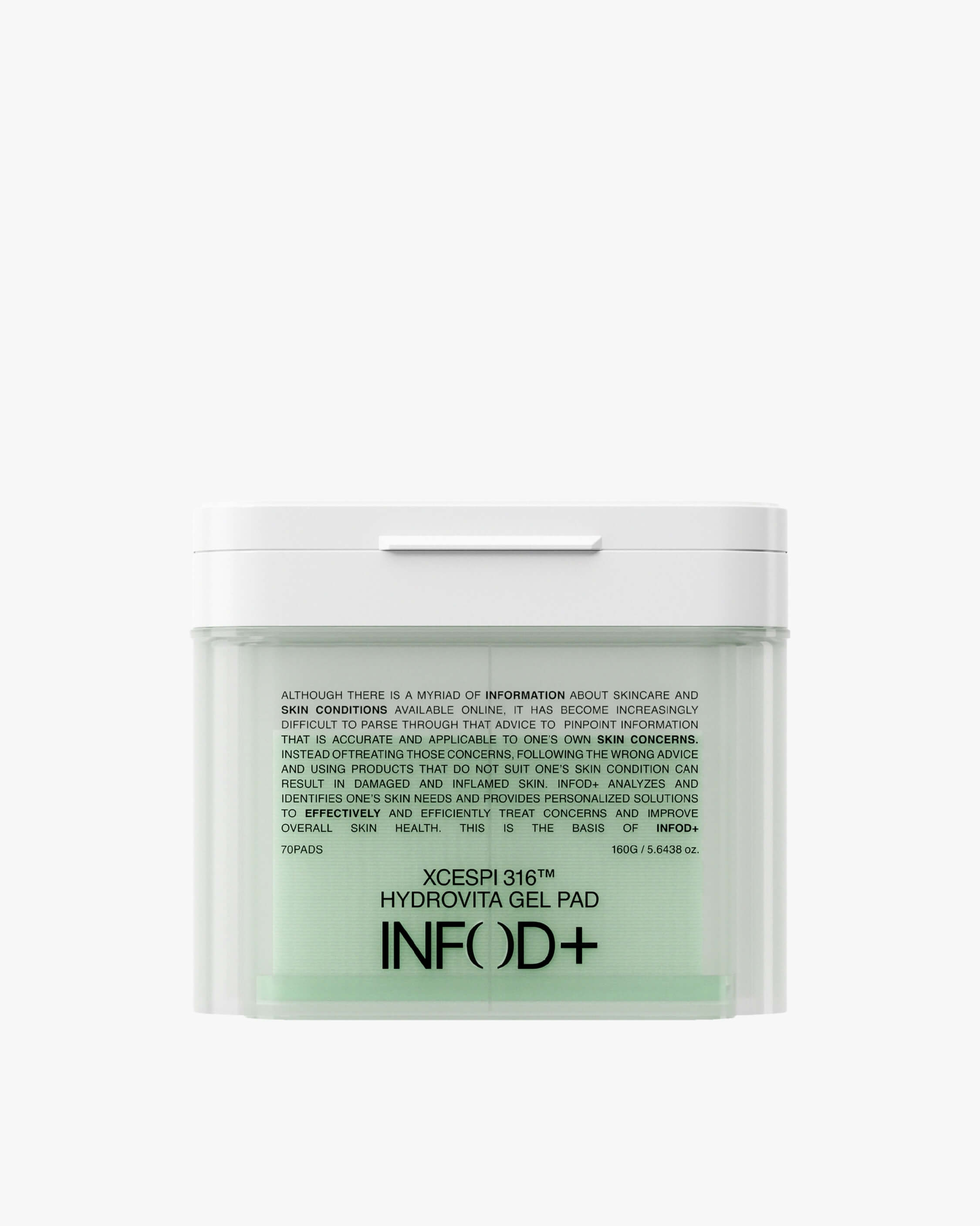 Front view of a clear, square container of INFOD+ XCESPI 316™ Hydrovita Gel Pads with a white lid, showing the green pads inside.