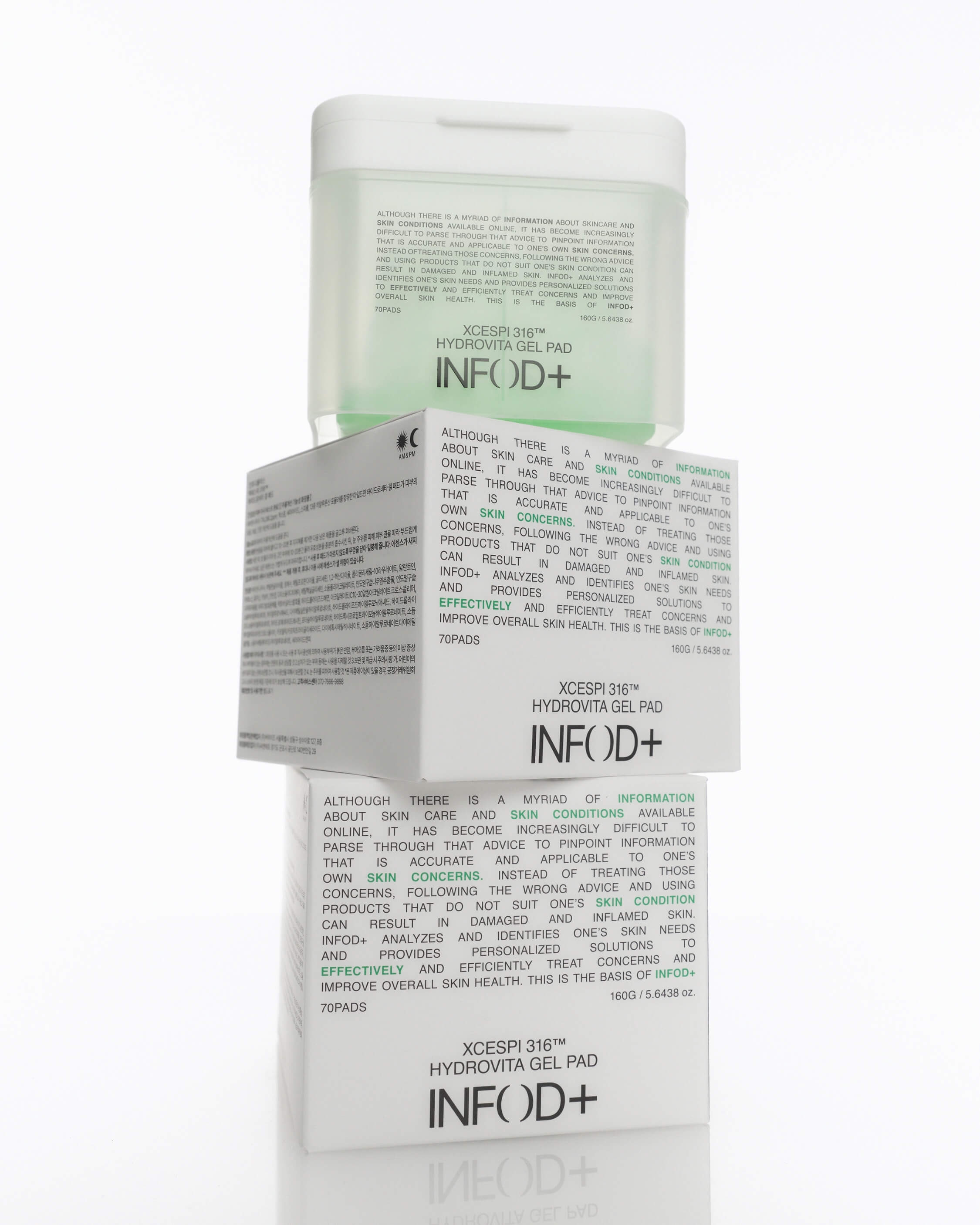 Three square containers of INFOD+ XCESPI 316™ Hydrovita Gel Pads stacked vertically, with two in cardboard boxes and the top one being the clear product container.