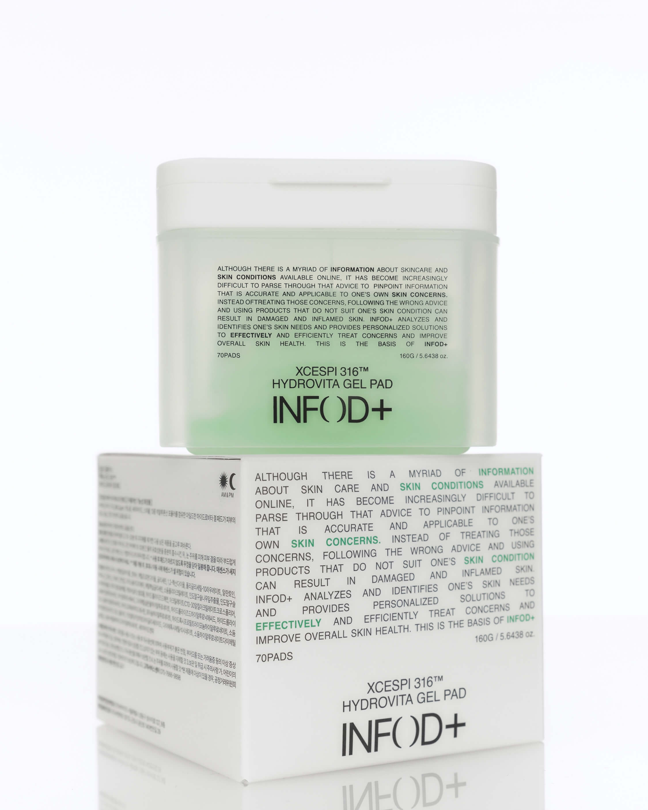 The INFOD+ XCESPI 316™ Hydrovita Gel Pad container placed atop its cardboard box, showing the full label text.