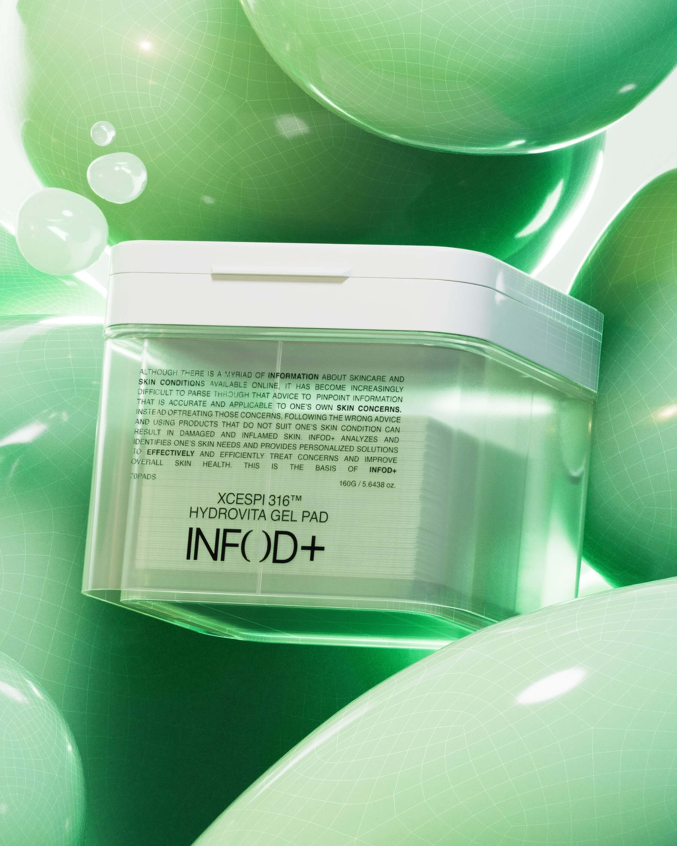 The INFOD+ XCESPI 316™ Hydrovita Gel Pad container in a vibrant, abstract setting of green bubbles and glossy surfaces.