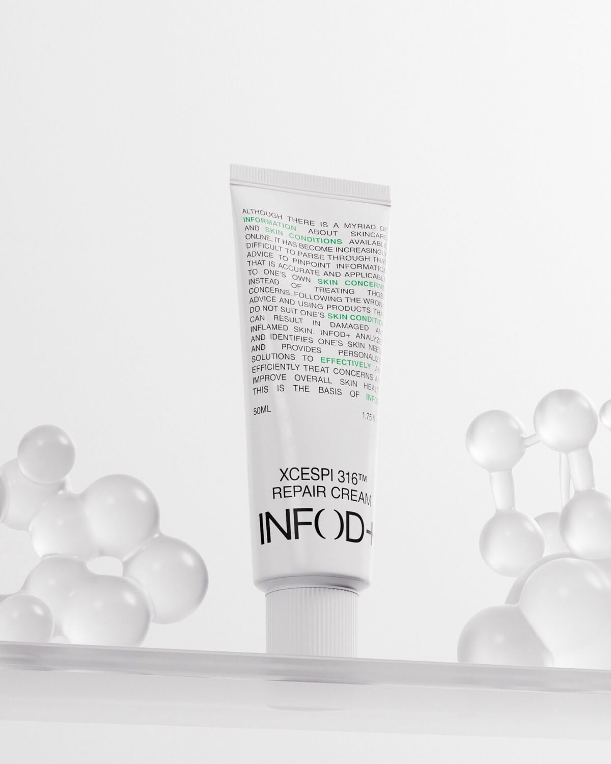 The InfoDPlus XCESPI 316™ Repair Cream tube is displayed on a platform, flanked by white, organic, molecule-like structures, suggesting scientific formulation.
