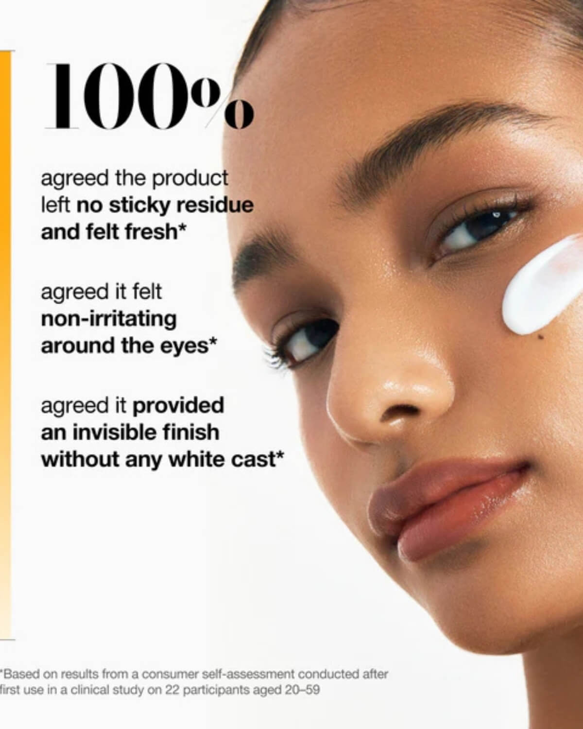 Anua Zero-cast Moisturizing Finish Sunscreen, infographic of product saying no sticky residue and felt fresh, non-irritating around the eyes, model with sunscreen on her cheek