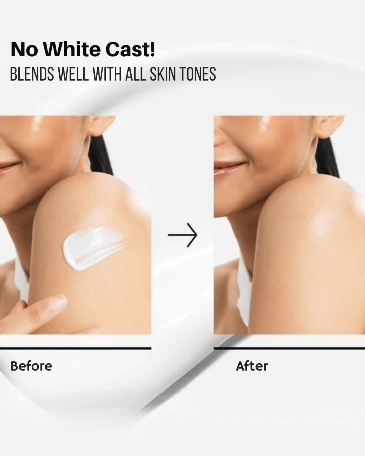 Anua Zero-cast Moisturizing Finish Sunscreen, model showing before and after of product with no white cast