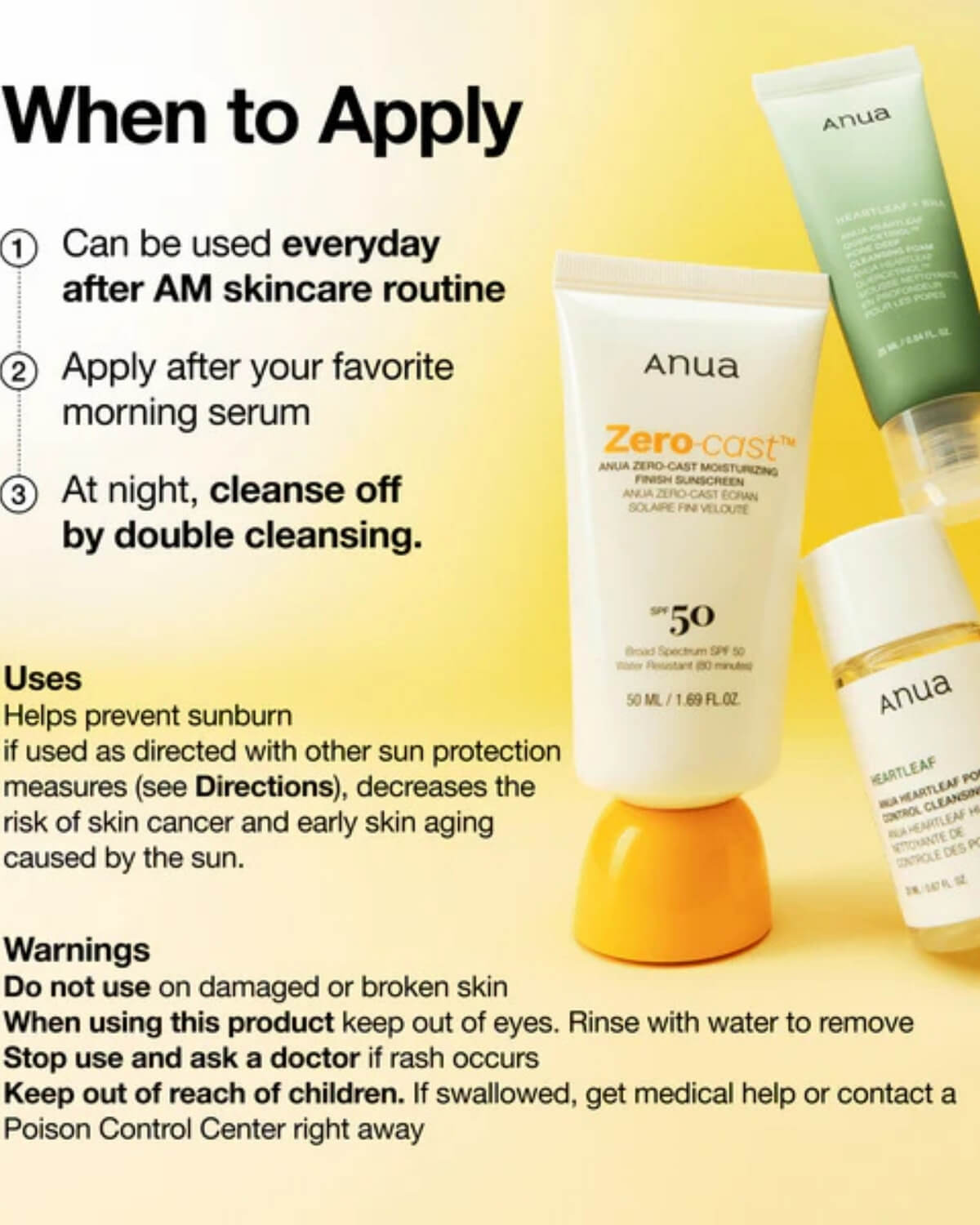 Anua Zero-cast Moisturizing Finish Sunscreen, infographic about when to apply - can be used everyday after AM skincare routine