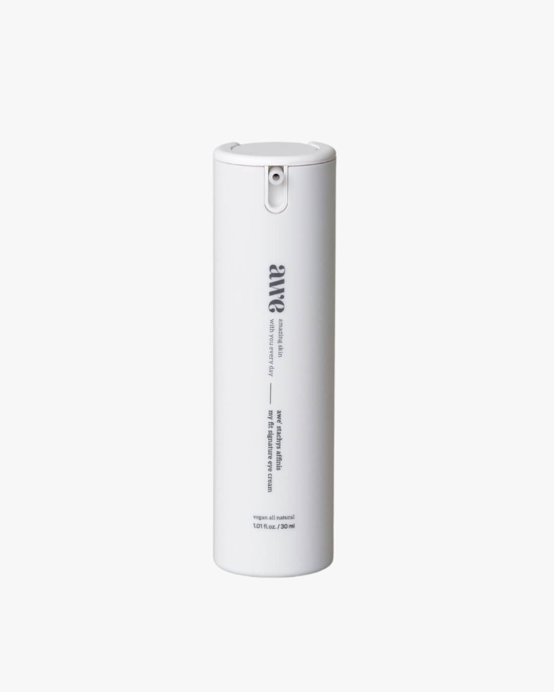 Awe vegan signature eye cream pump bottle against a clean white background.