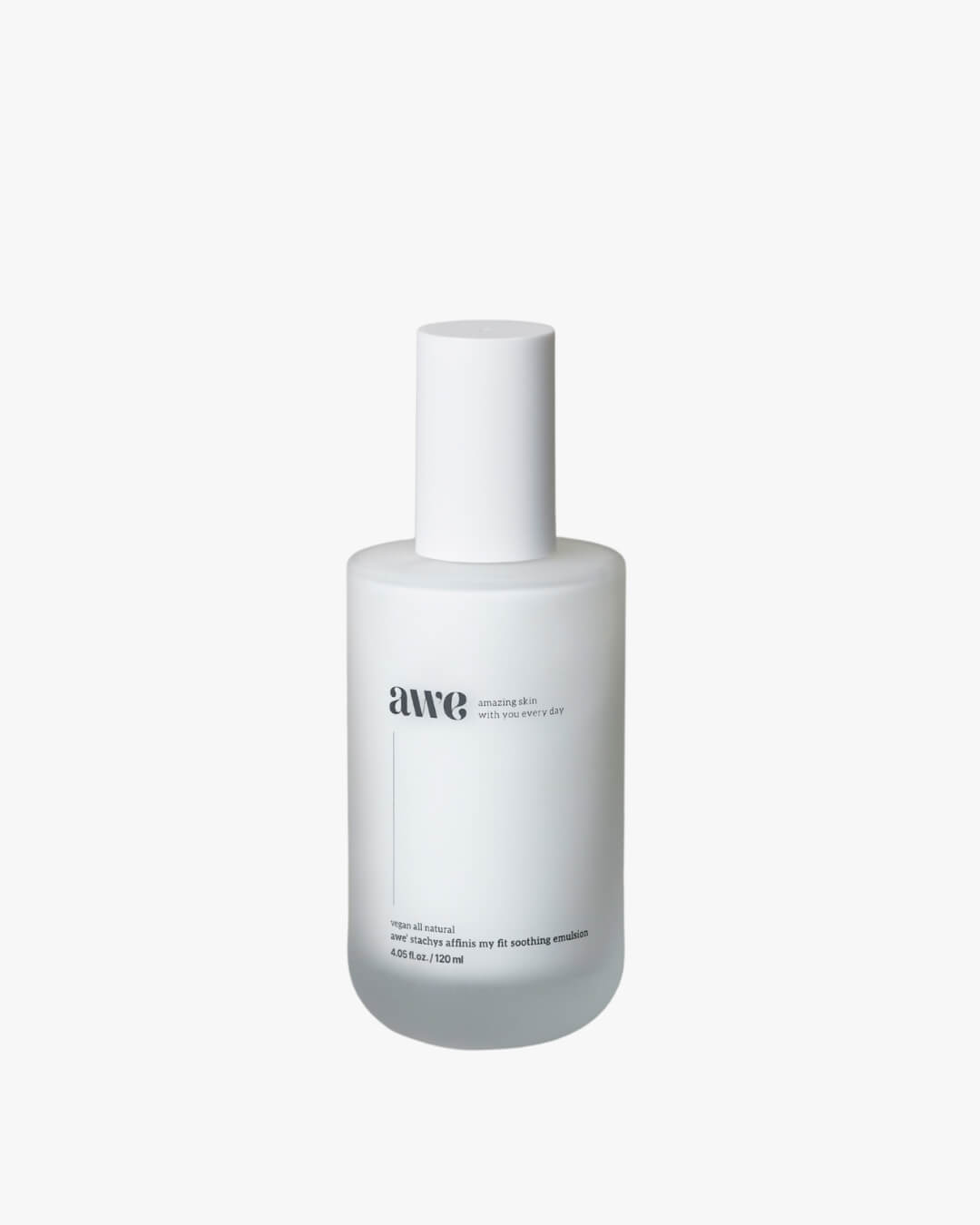 Awe vegan facial soothing emulsion pump bottle against a solid white background.
