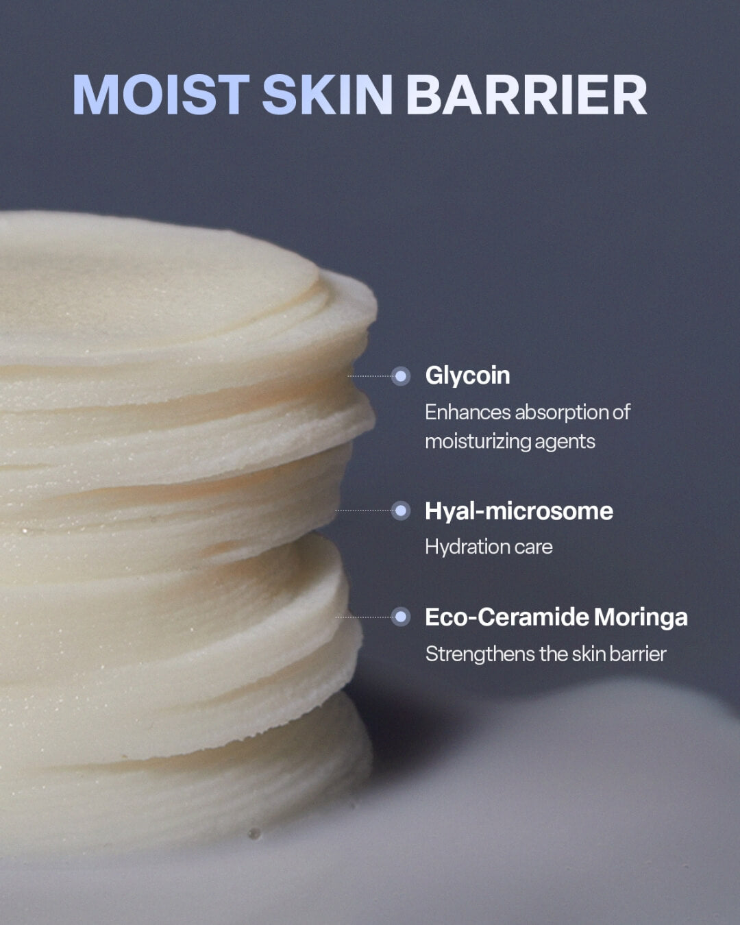 Close-up stack of koy Flow Intensive Cream Pads highlighting barrier ingredients like Glycoin and Eco-Ceramide Moringa.