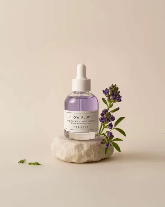 Teluris Glow Plump Serum bottle styled with natural pink flowers for a floral skincare aesthetic.