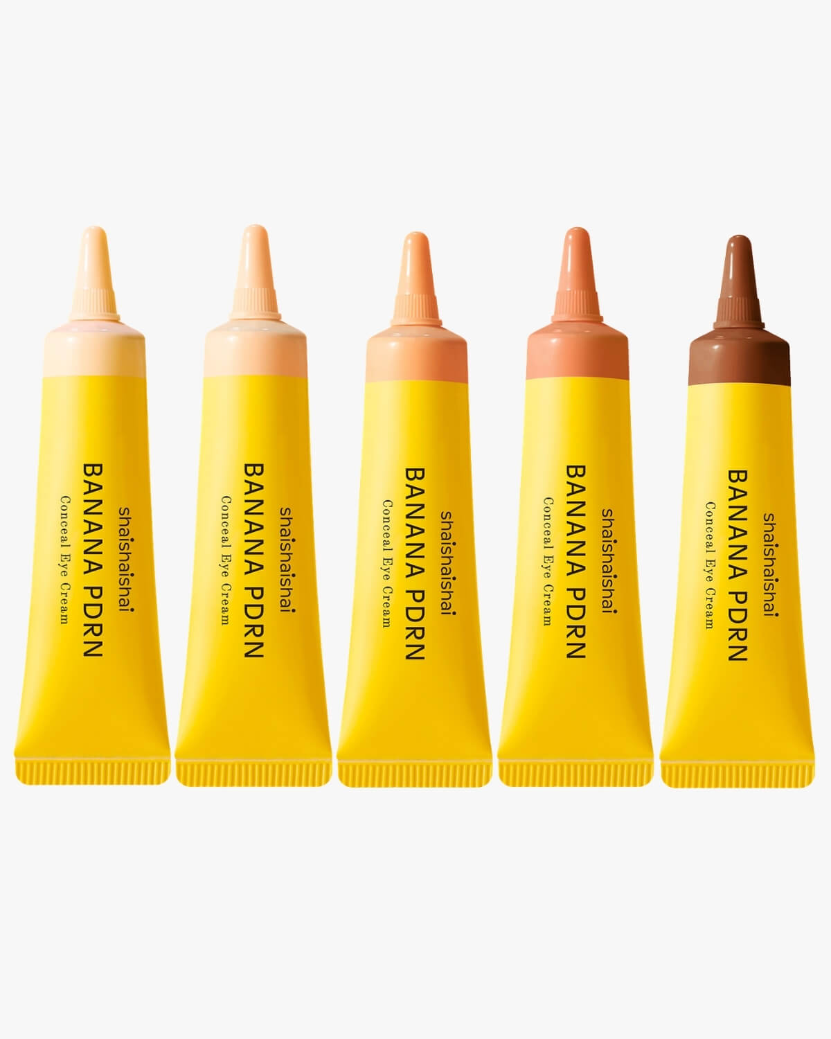Five tubes of shaishaishai Banana PDRN Conceal Eye Cream showing a range of shades from light to deep.